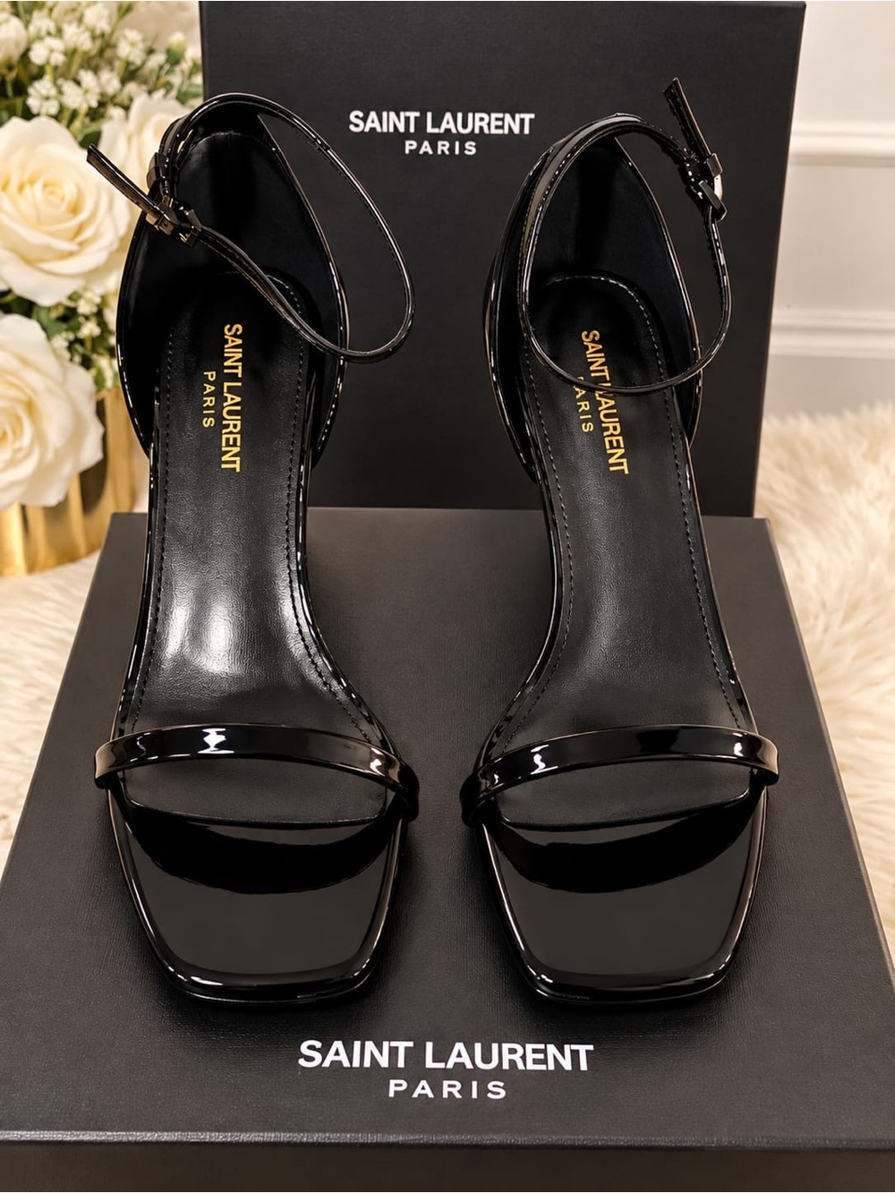 Saint Laurent Black Patent Square-Toe Ankle-Strap Heels